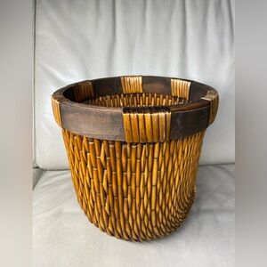 Woven Rice Basket Bin Rush Willow Wicker Waste Mid Century Vintage